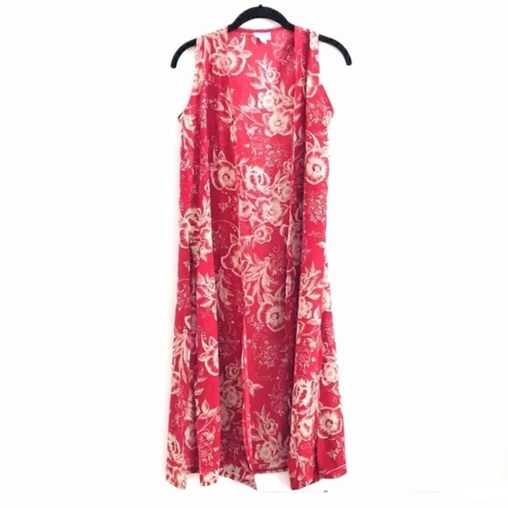 LuLaRoe Joy Duster XS Long Vest Hibiscus Flower Print Orange Vacation Summer